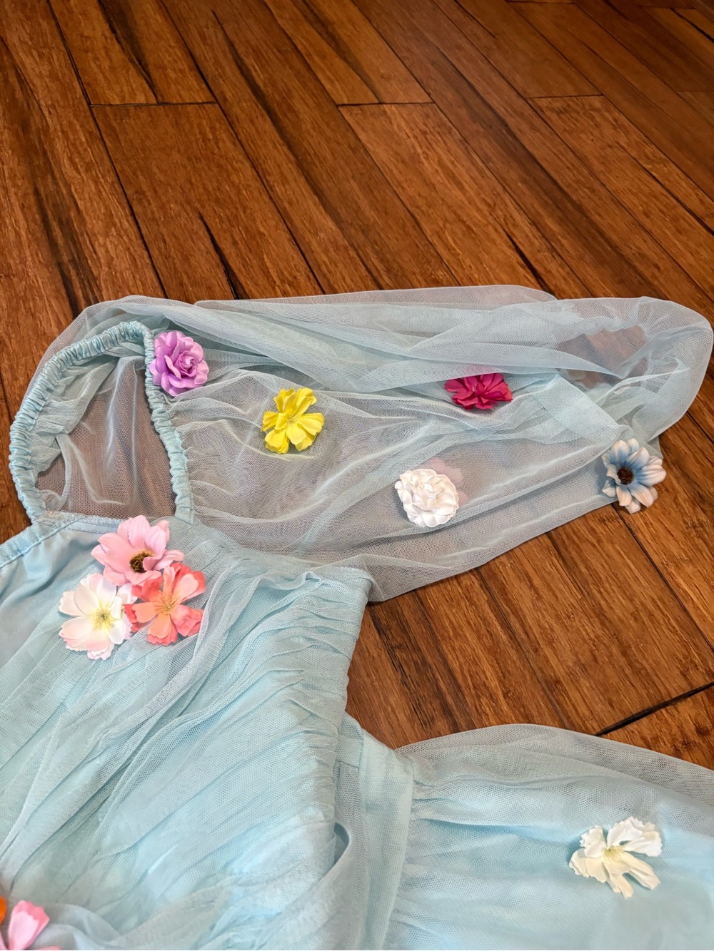 Eloquii Mini Dress Size 22 Light Blue Off Shoulder Sheer Tulle Mutli 3D Flowers - Picture 5 of 9